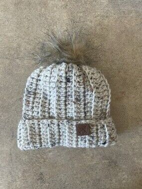 Baby Beanie Ribbed Knit Hat with Faux Fur Pom Pom 12in Circumference